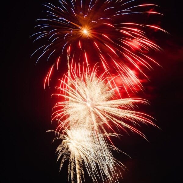 Dazzling fireworks explosion lighting up the night sky, perfect for celebration themes.