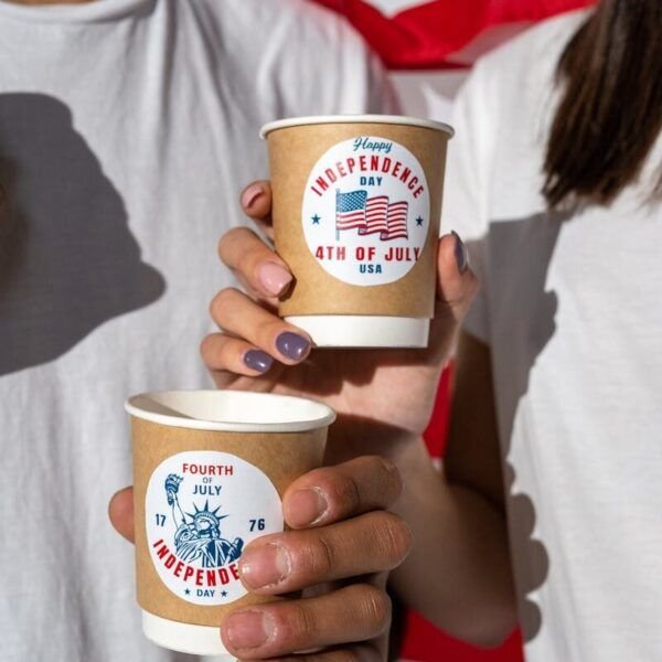 Two people holding Independence Day paper cups with American flag, celebrating 4th of July.