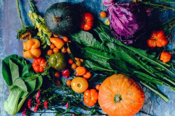 A vibrant assortment of fresh vegetables including pumpkins, cabbage, and tomatoes on a rustic surface.