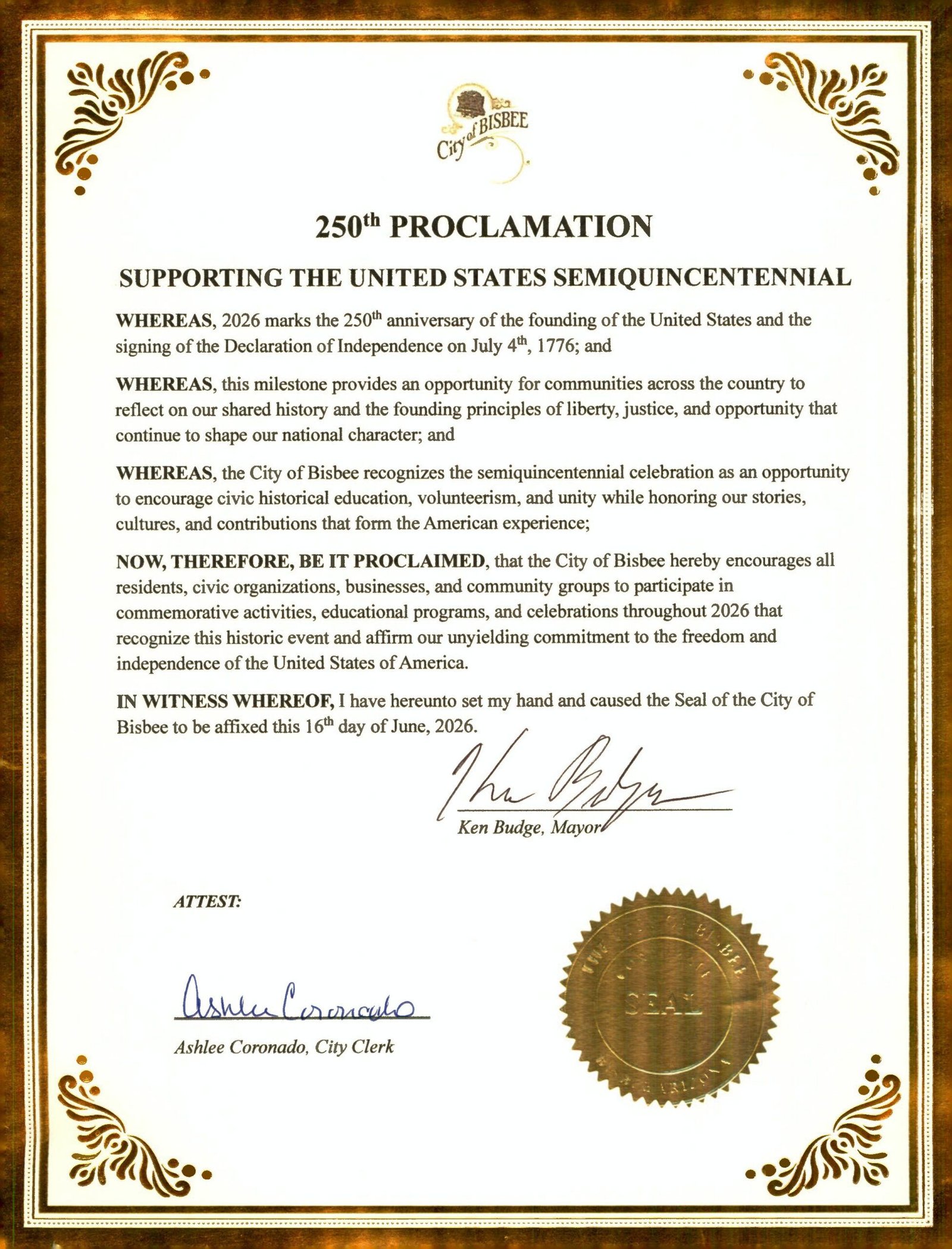 Post image for A proclamation supporting America's 250th was read at...