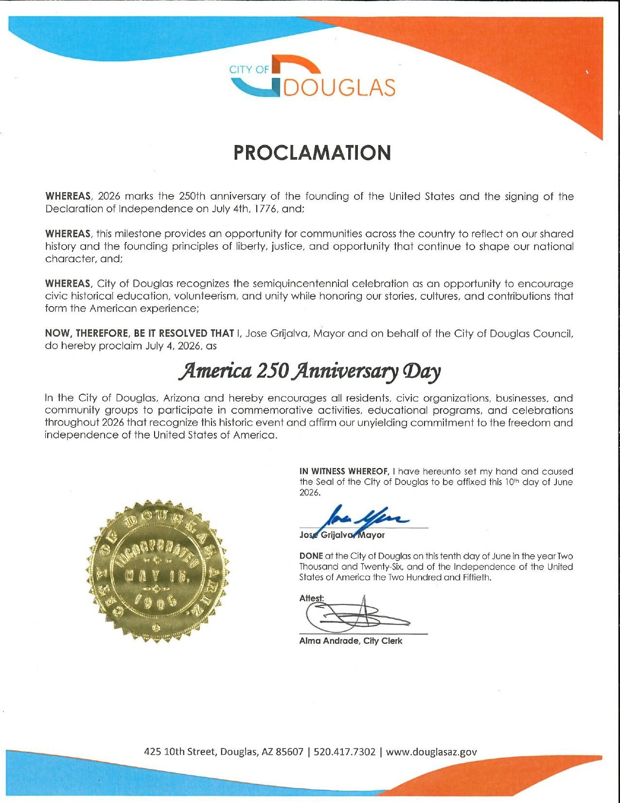 Post image for Douglas Mayor Jose Grijalva made a proclamation last...